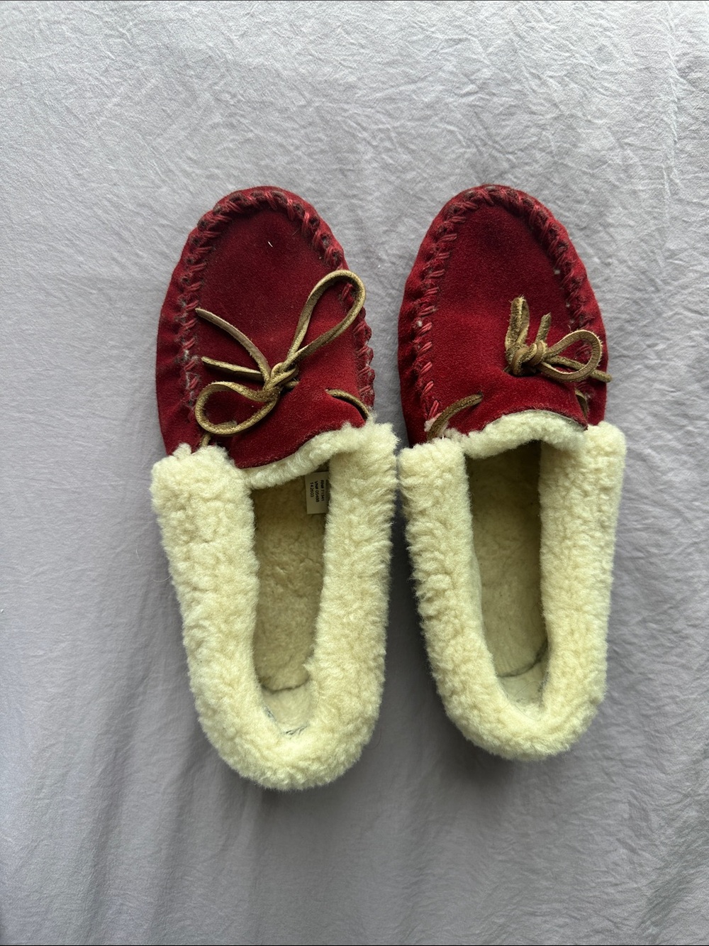 L.L. Bean Women's Red Suede Moccasin Slippers with Cream Shearling